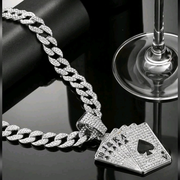 Hip Hop Iced Out Fully Rhinestone Silver Card Pendant & Cuban Chain Necklace 20" - Picture 4 of 13